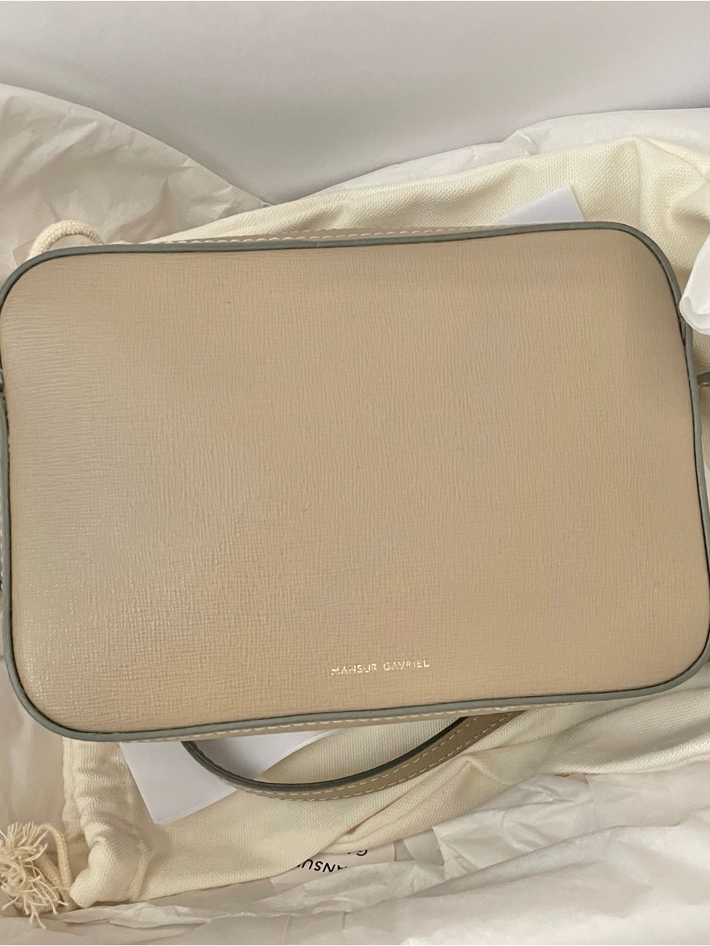 Mansur Gavrie Light Tan Taupe saffiano leather double zip crossbody purse